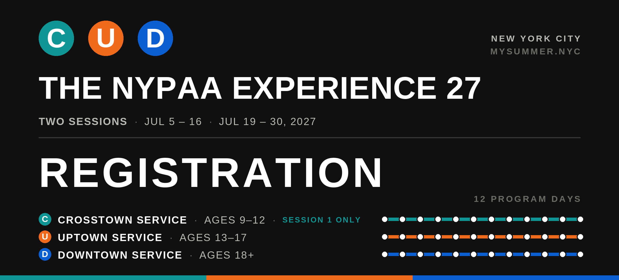 The NYPAA Experience 27 registration banner showing Crosstown ages 9-12, Uptown ages 13-17 and Downtown ages 18+ service lines